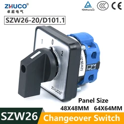 ZHUCO SZW26/LW26-20 20A 660V 1-0-2 One Phase Four Terminals 64X64 48X48 Mm Panel Transfer Rotary Universal Changeover Cam Switch