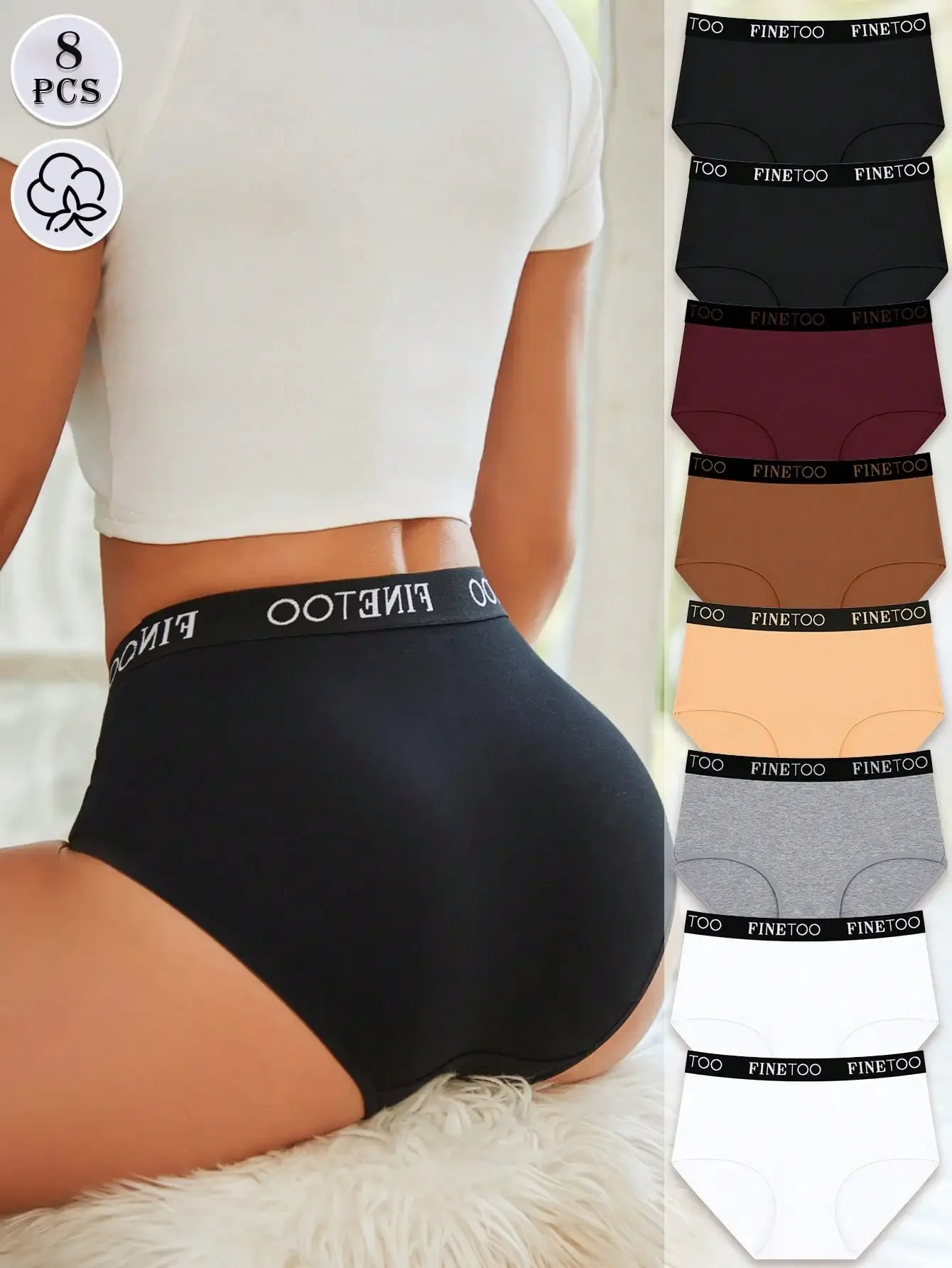 

8Pcs Cotton Contrasting Belts, Fashionable And Slightly Tummy-Controlling Women's High-Waisted Briefs, Basic Women's Underwear