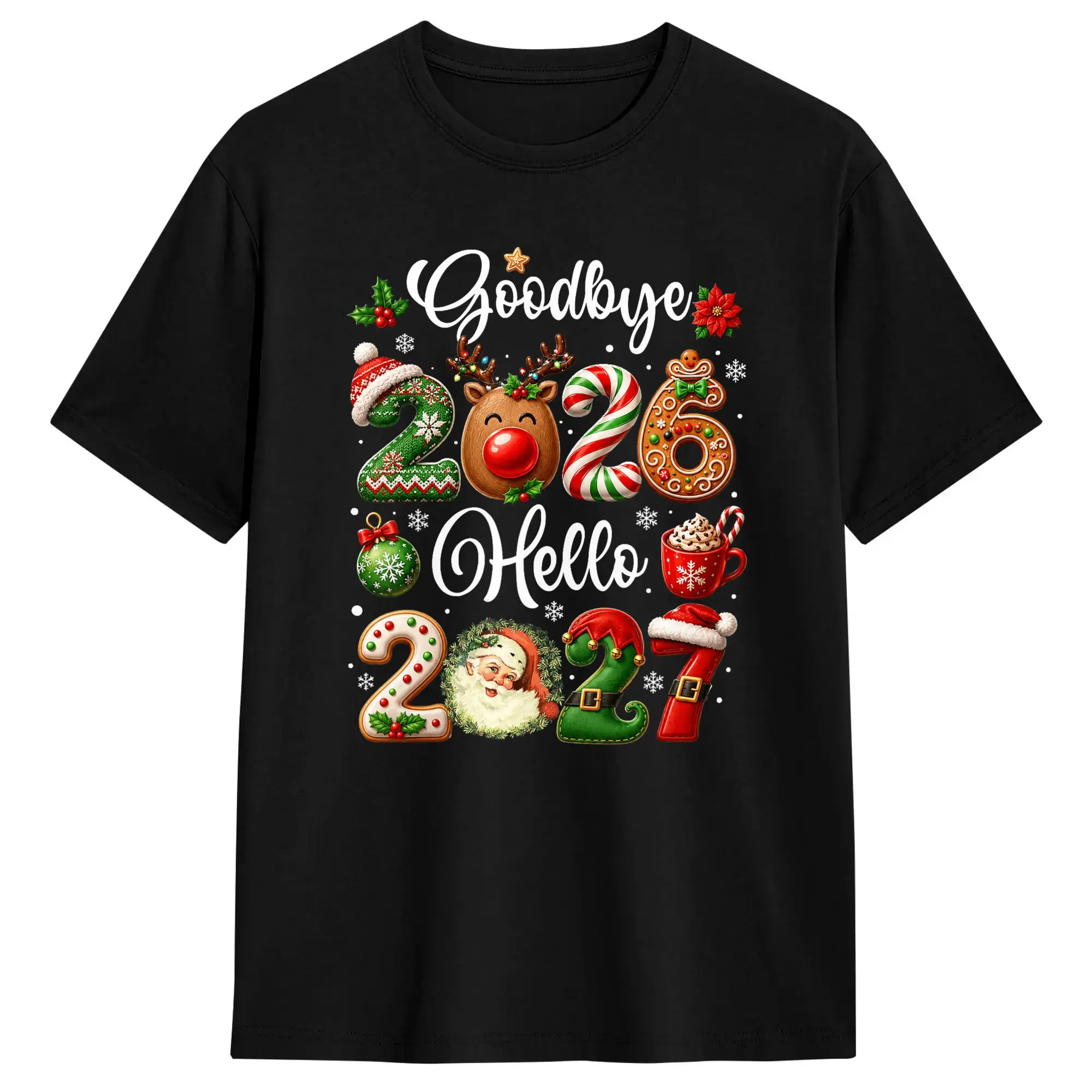 Goodbye 2026 Hello 2027 Festive Christmas Happy New Year T Shirt Summer Pure Cotton T-Shirts For Adult Harajuku Casual Tee Shirt