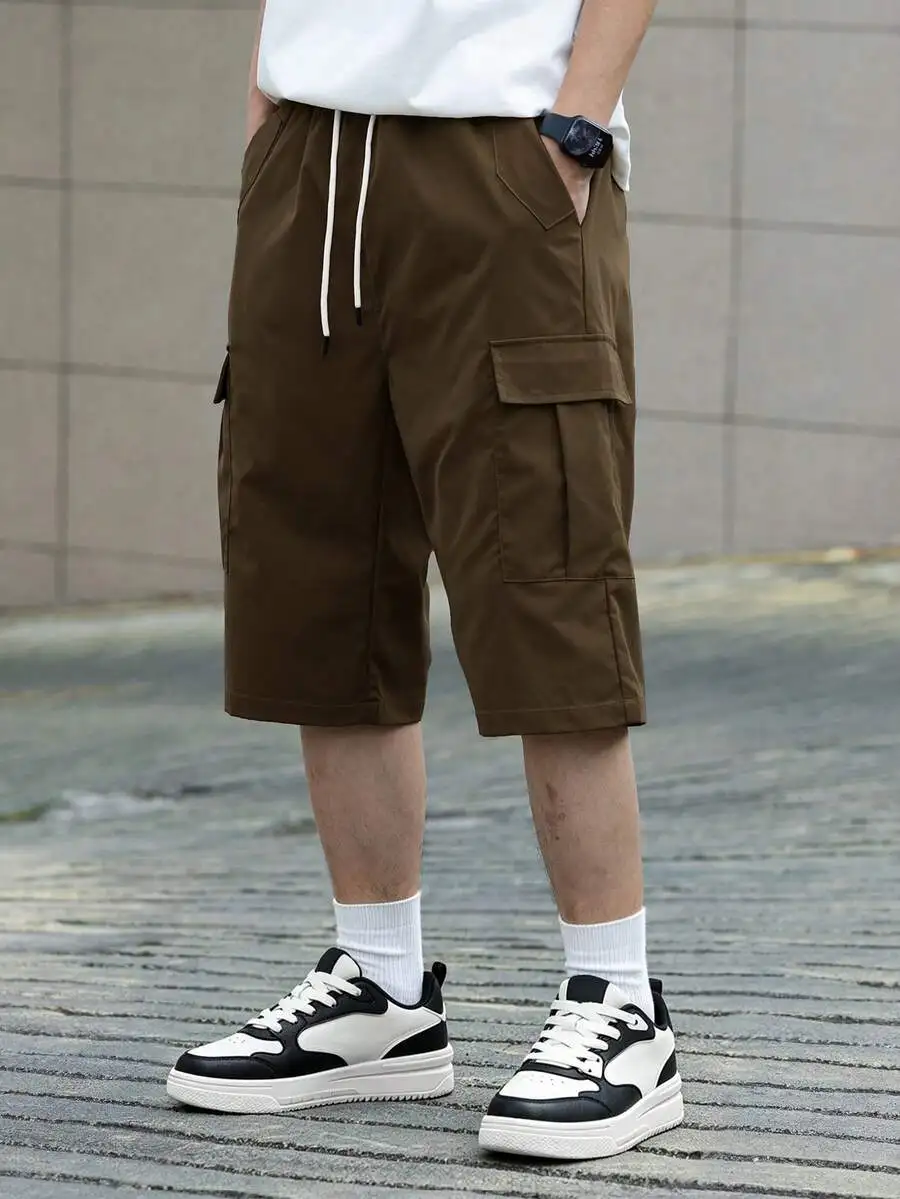 

Mens Solid Color Drawstring Waist Loose Casual Cargo Shorts