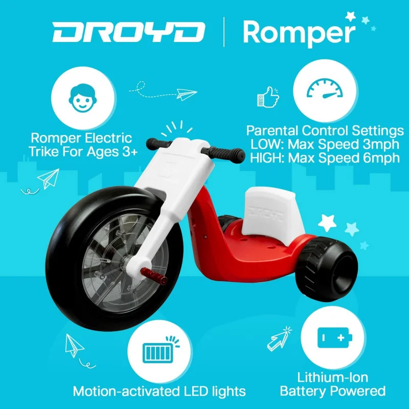 Droyd Romper-Tricycle électrique pour enfants, véhicules déblayés, contrôle de la vitesse parentale, siège réglable, lumières LED multi-documents