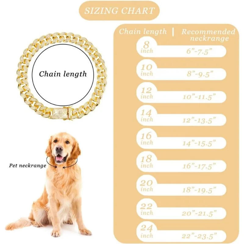 8-24inch Dog Chain Collar with Safety Buckle, Stainless Steel Cuban Chain Walking Chain, Suitable for Large Dogs, Pets