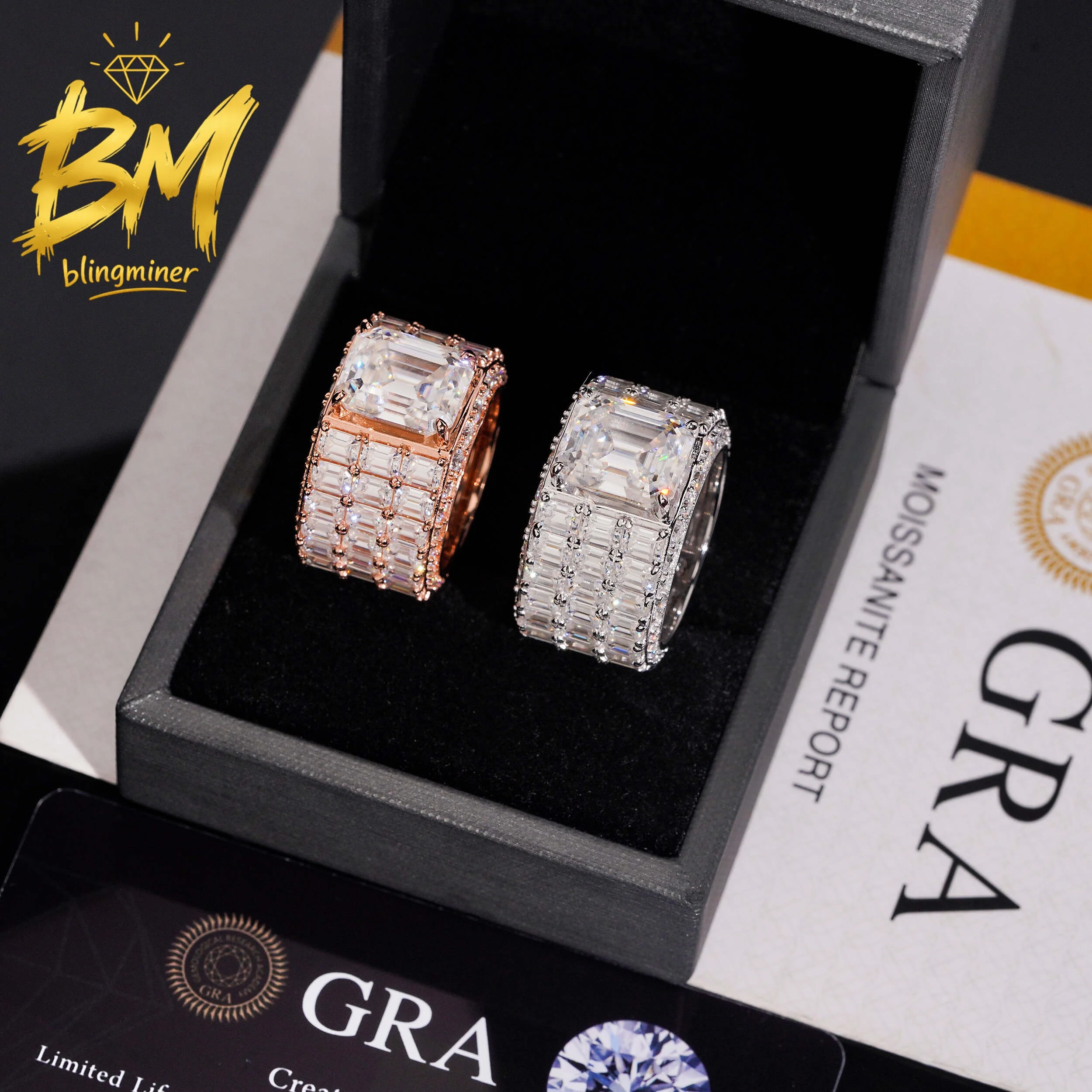 Blingminer Emerald Cut 8ct VVS Moissanite Rings For Men Women S925 Silver Finger Jewelry Pass Diamonds Tester Free Shipping