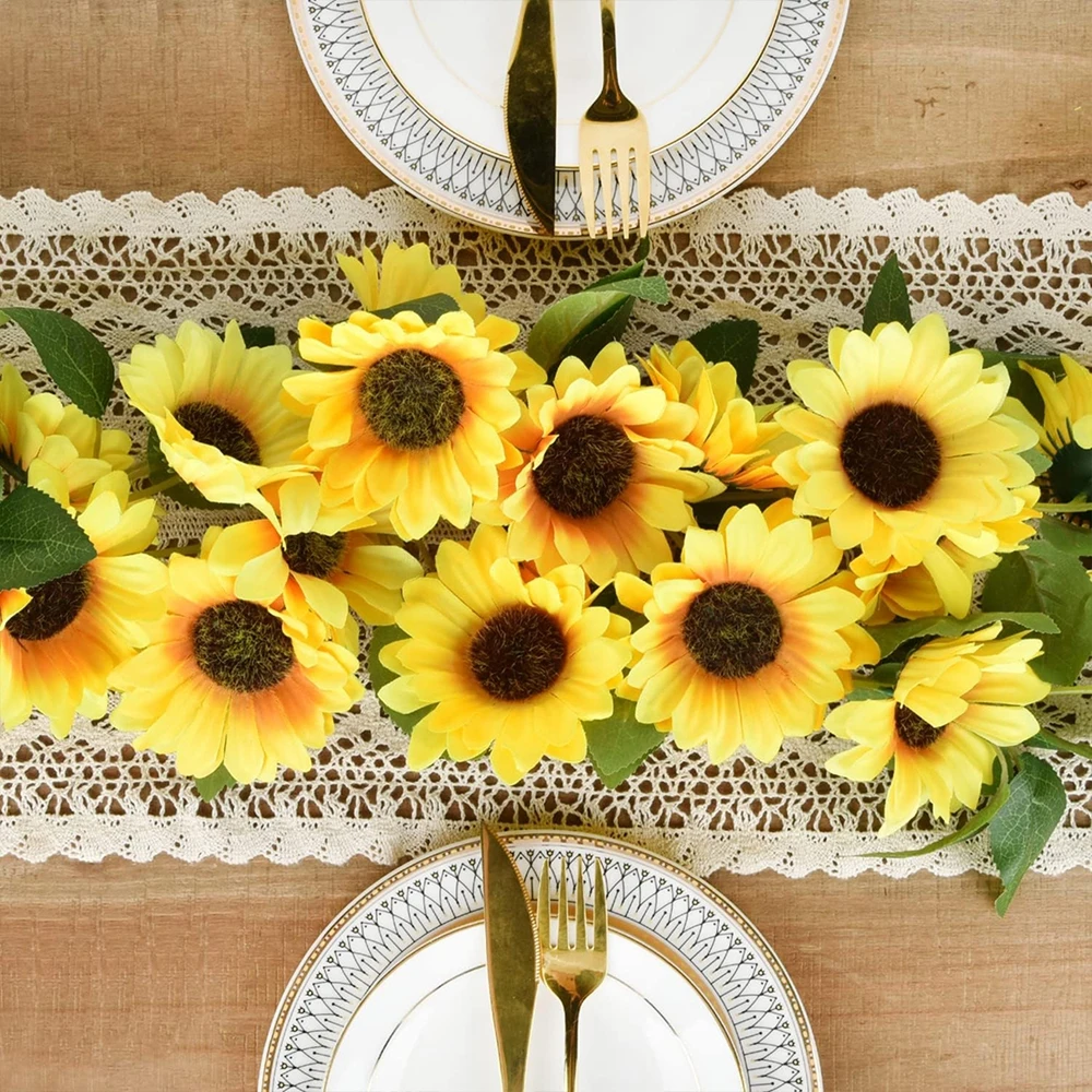 Künstliche Blumen, Sonnenblumen-Ranke, Hängekranz, Wanddekoration, Festival-Rattanblätter-Girlande, Outdoor-Hochzeit, warme Raumdekoration – Detail 5