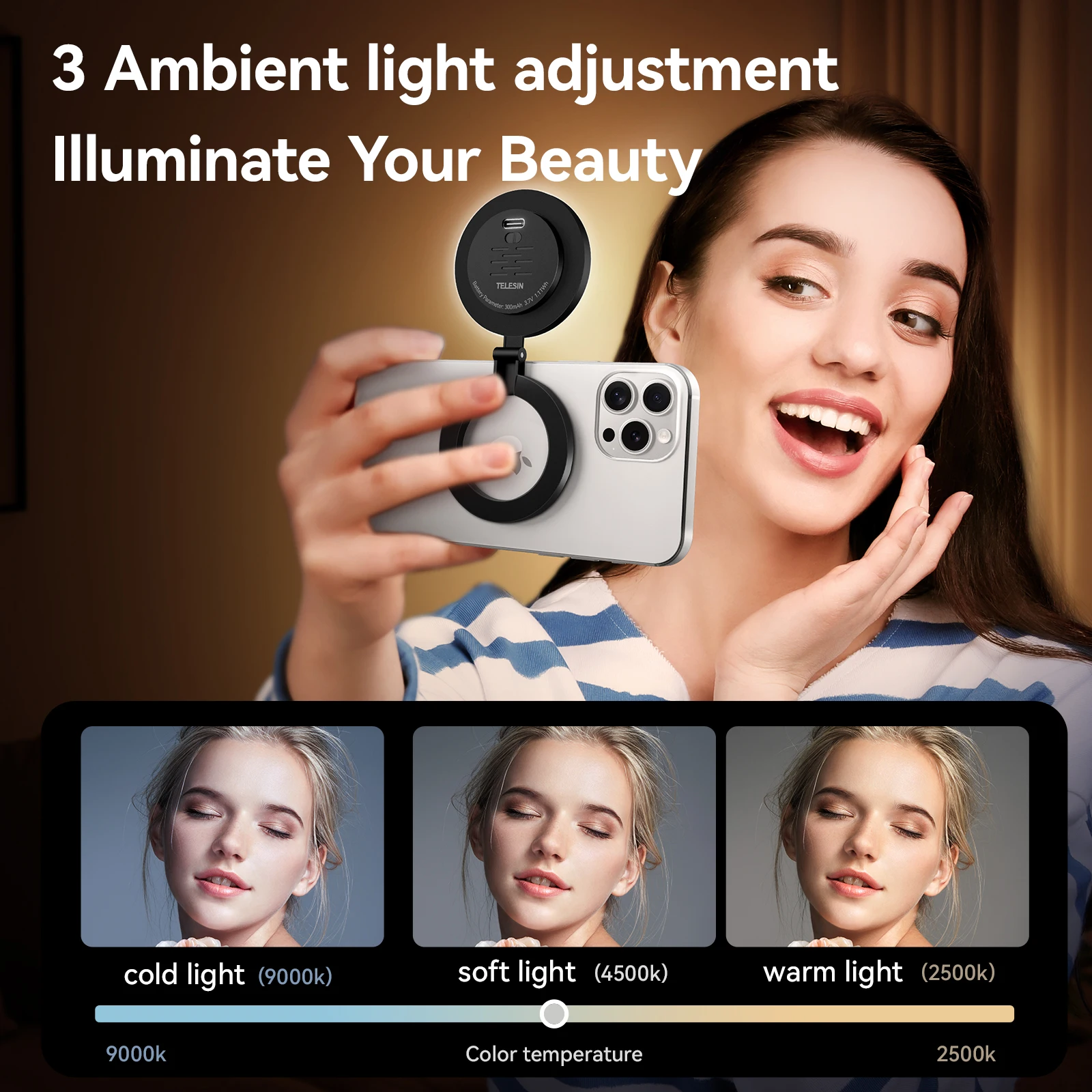 TELESIN Smartphone Magnetic Fill Light Mini Selfie Light 3 Modes Adjustable Brightness for Iphone XIAOMI HUAWEI SAMSUNG Phone