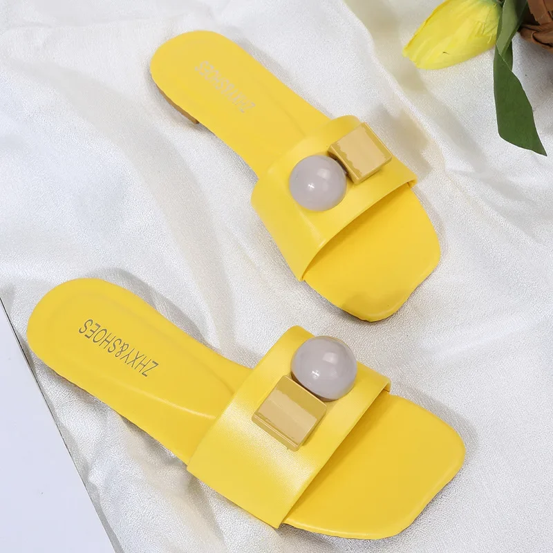 Women\'s Slides Outside Wear Ladies Slippers Bright Yellow Summer Shoes Woman Fashion Flat Bottom Square Head Female Footwear