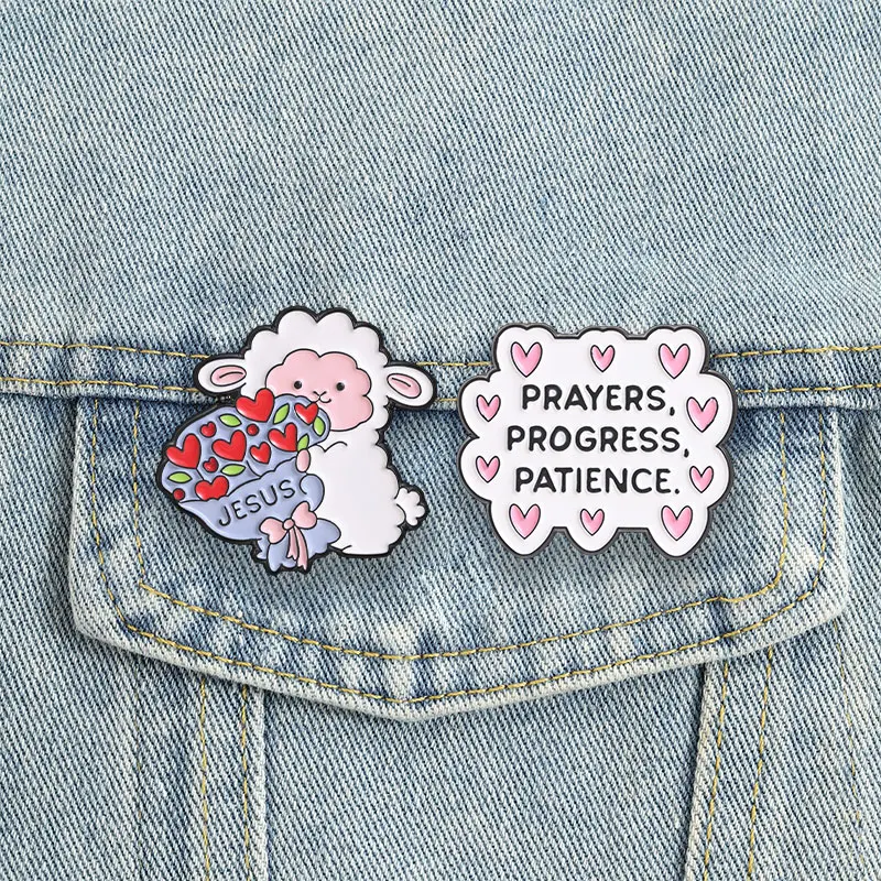 Christian Lamb Enamel Pins Prayers Progress Patience Jesus Heart Brooches Lapel Badge Cartoon Animal Jewelry Gift for Friends