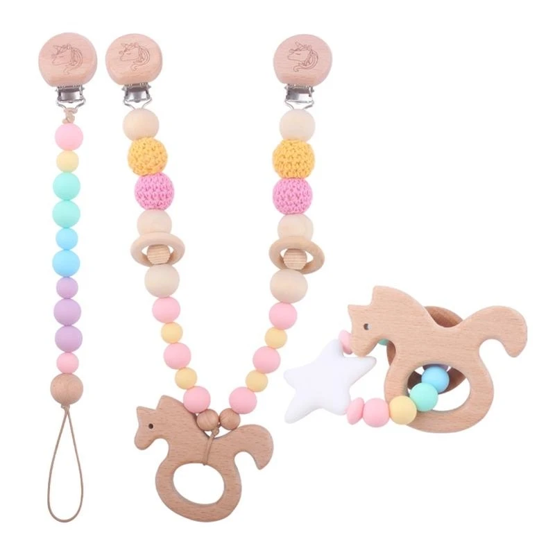 3 Pcs/Set Baby Stroller Pendants Pacifier Chain Pram Clip with Silicone Beads Infants Wooden Teether Bracelet Rattle Newborn view 2
