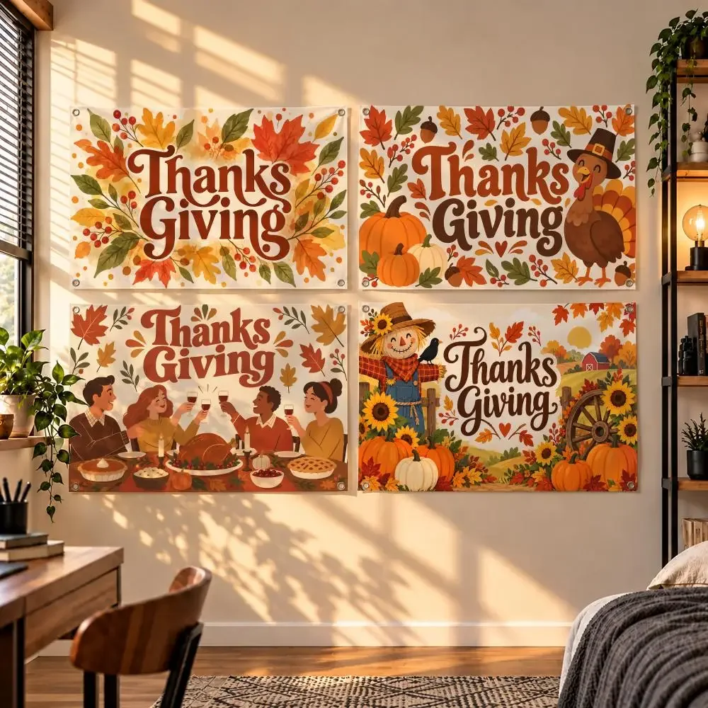 Thanksgiving Cute Hand Drawn Thanksgiving Slogan Pattern Flags Indoor Outdoor Wall Hanging Flag Decor Banner Wall Decor