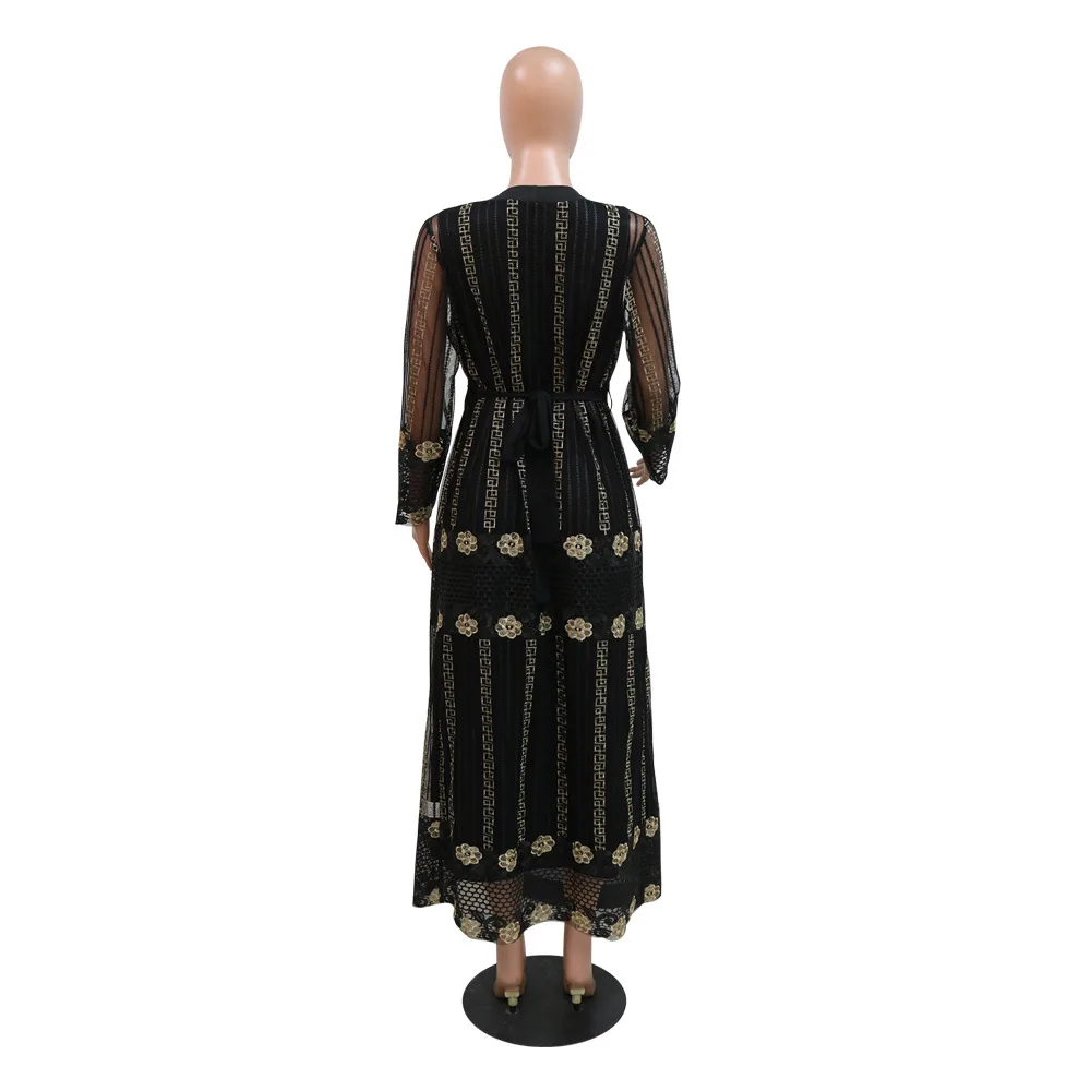 Imagem -04 - Novos Bordados Mulheres Vestido de Noite Duas Peças Conjunto Malha Manga Comprida Cardigan Elegante Médio Oriente Muçulmano Robe Abaya 2023