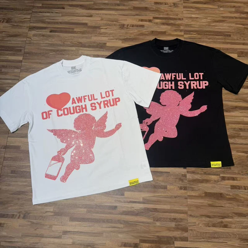 Real Photo Streetwear Trend Couple Hip-hop Hot Drill T-shirt THAT'S A AWFUL LOT OF COUGH SYRUP Short-sleeved Top