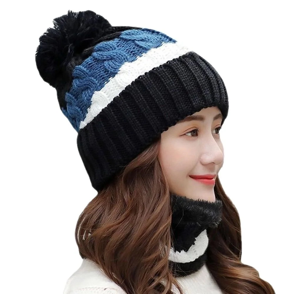 

Fashion Coral Fleece Scarf and Hat Set Elastic Thickened Hooded Thermal Cap Ball Top Plush Knitted Scarf Outdoor