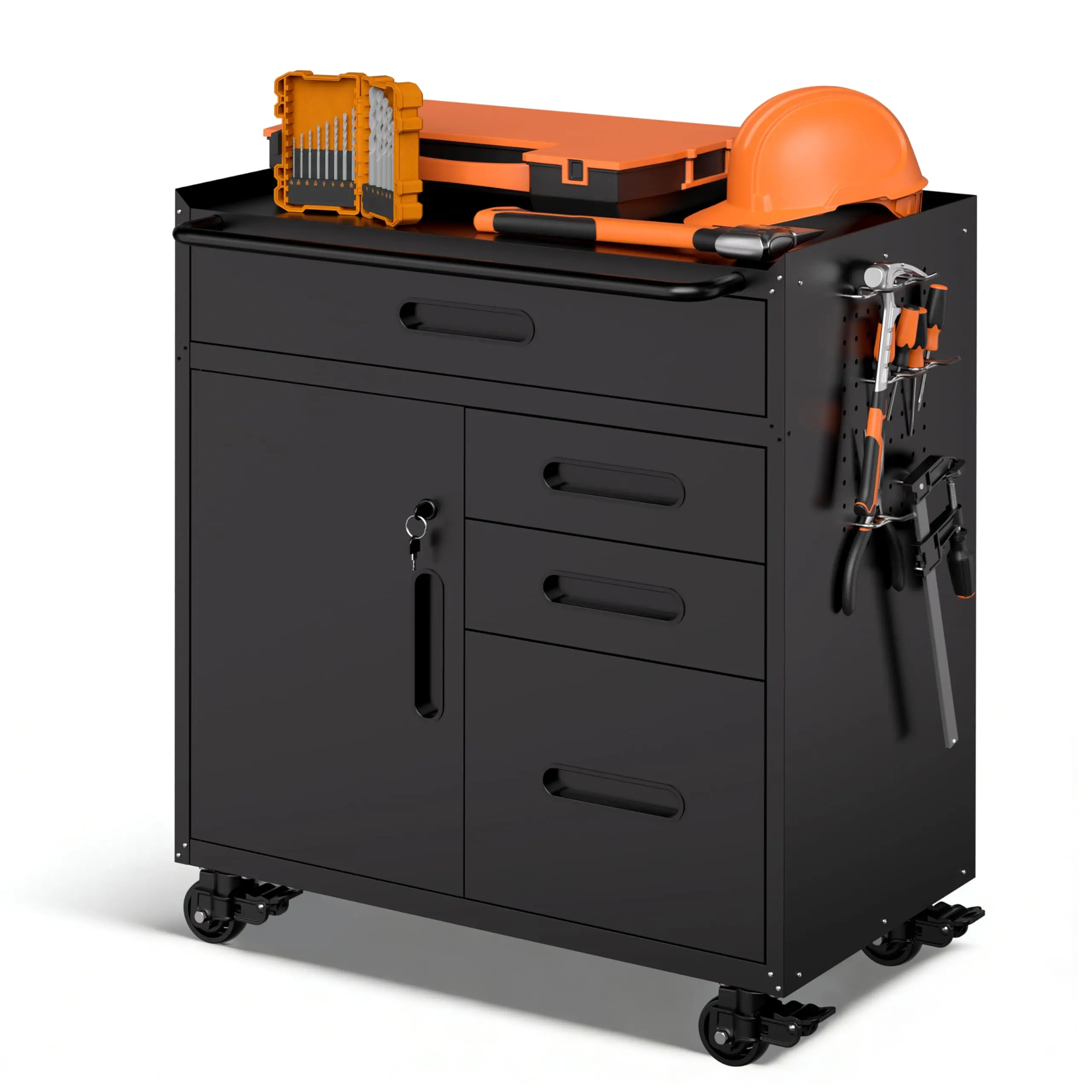 Garage Storage Cabinet,Metal Rolling Tool Cabinet with 2 Pegboard and 10 Hook,Heavy Duty Mechanics Tool Chest Storage