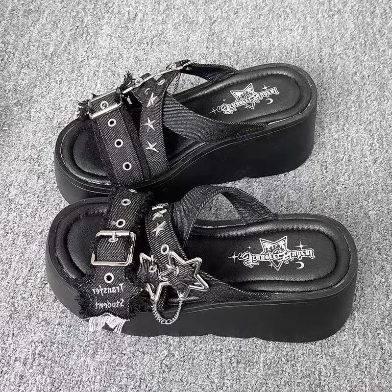 

Womens Slippers Fashion Chunky Platform Sandalias Punk Style Gothic Slippers Wedge Heeled Sandals Summer Open-toe Beach Slippers
