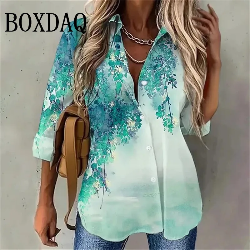 2025 New Spring Women Shirts Flower Print Lapel Long Sleeve Loose Single-Breasted Casual Blouses Fashion Button Lady Top Clothes