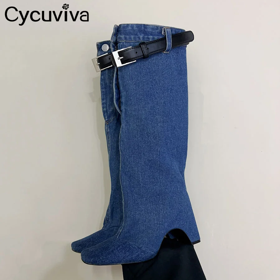 

Winter Fashion Knee High Boots Women Denim Cloth Square Toe Belt Buckle Strange Heel Long Boots Designer Brand Chelsea Boots