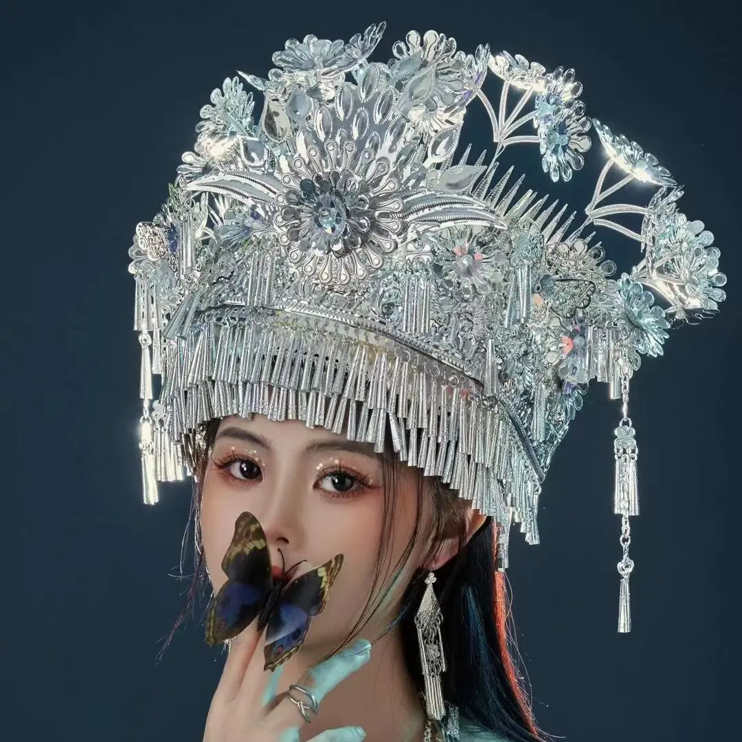 Vintage Chinese Silver Miao Hmong Headwear Hat For Women Studio Photography Hats Halloween Carnival Party Traditional Headdress