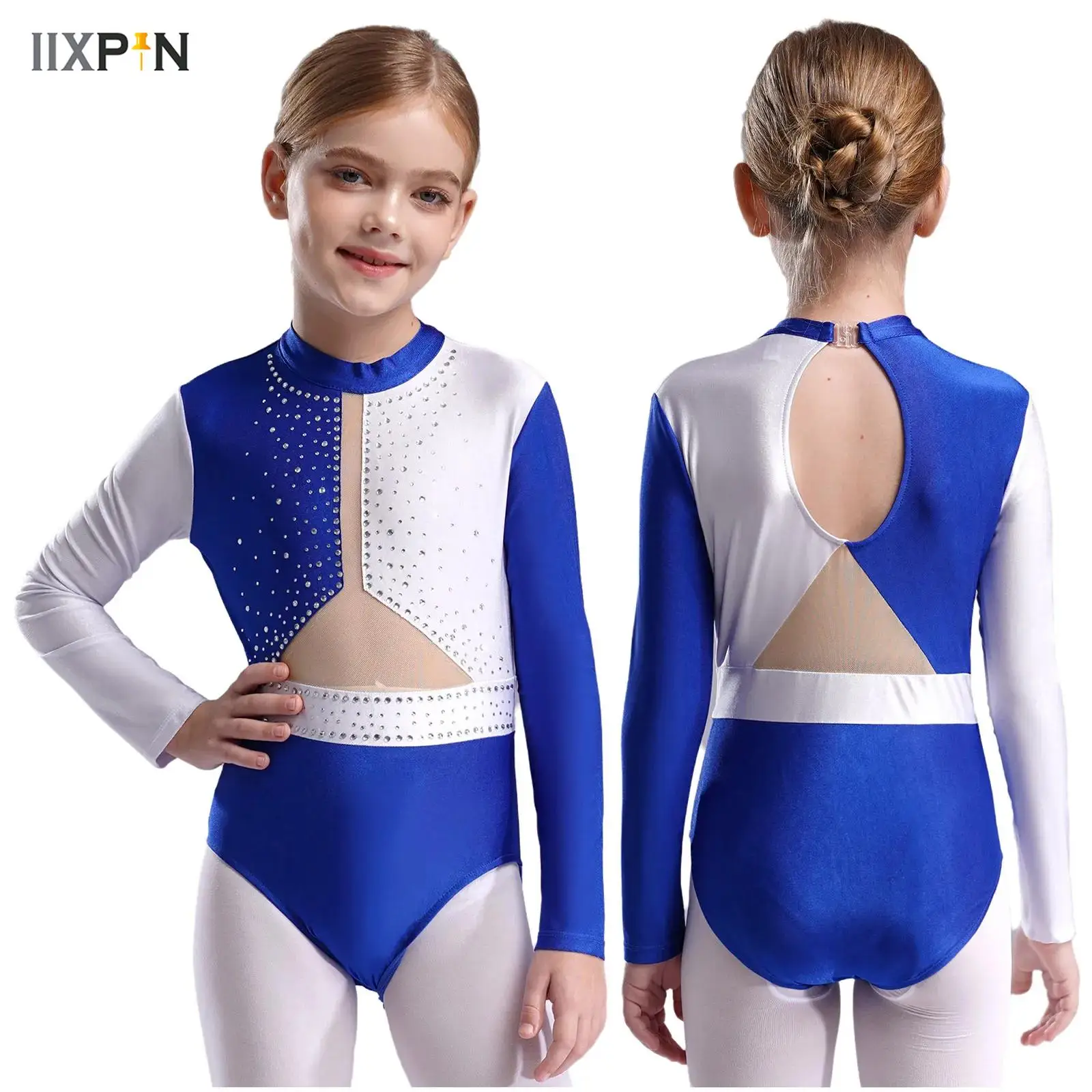 

Kids Girls Gymnastics Leotard Long Sleeve Keyhole Back Color Block Patchwork Sparkly Rhinestones Bodysuit Yoga Ballet Dancewear