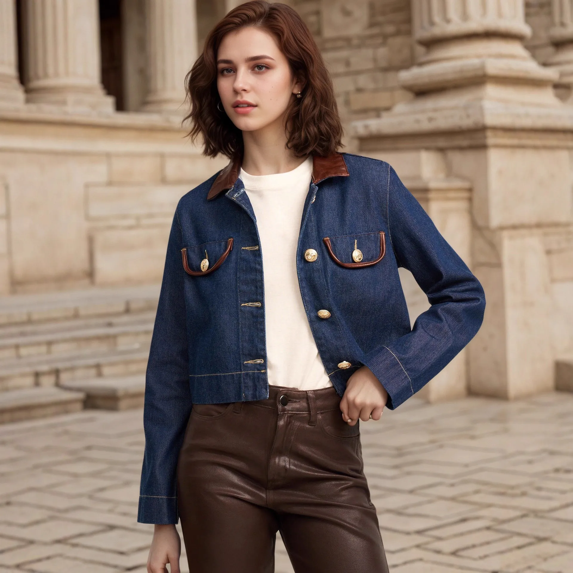 

Женская темно-синяя джинсовая укороченная куртка с отделкой из искусственной кожи, короткое пальто, винтажное однобортное пальто с золотыми пуговицами, верхняя одежда в стиле ретро