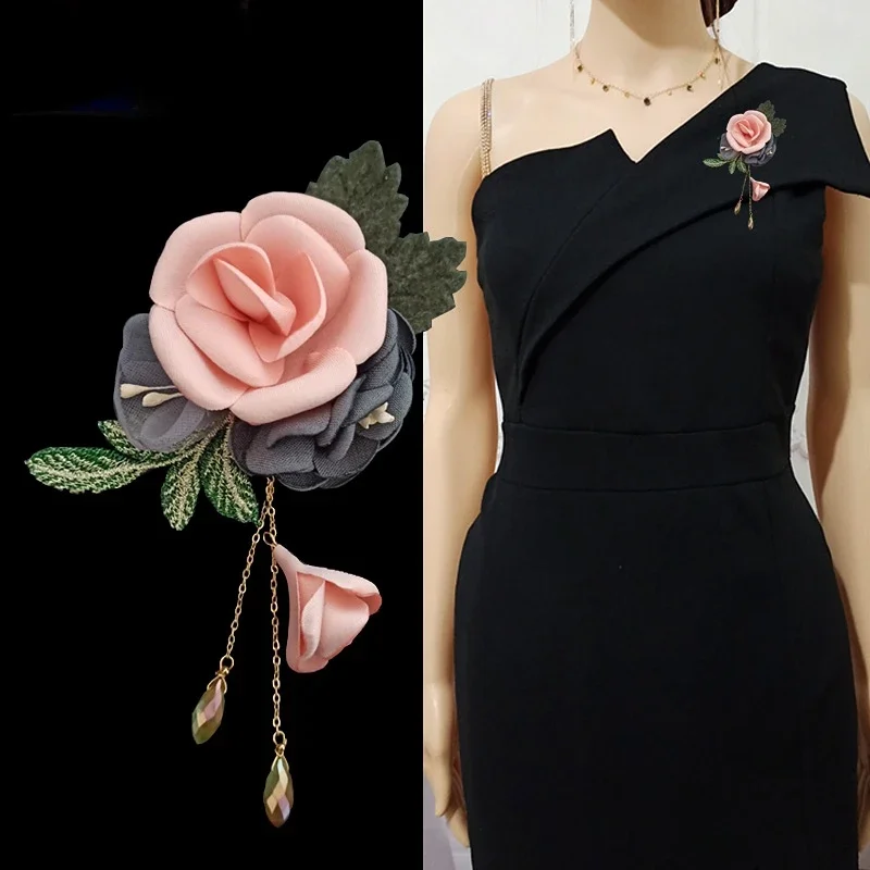 

Высококлассная брошь из ткани в виде цветка, булавки, листья, Хрустальная кисточка, Корсажная модная Пряжка для шаль, булавка для лацкана, бр...