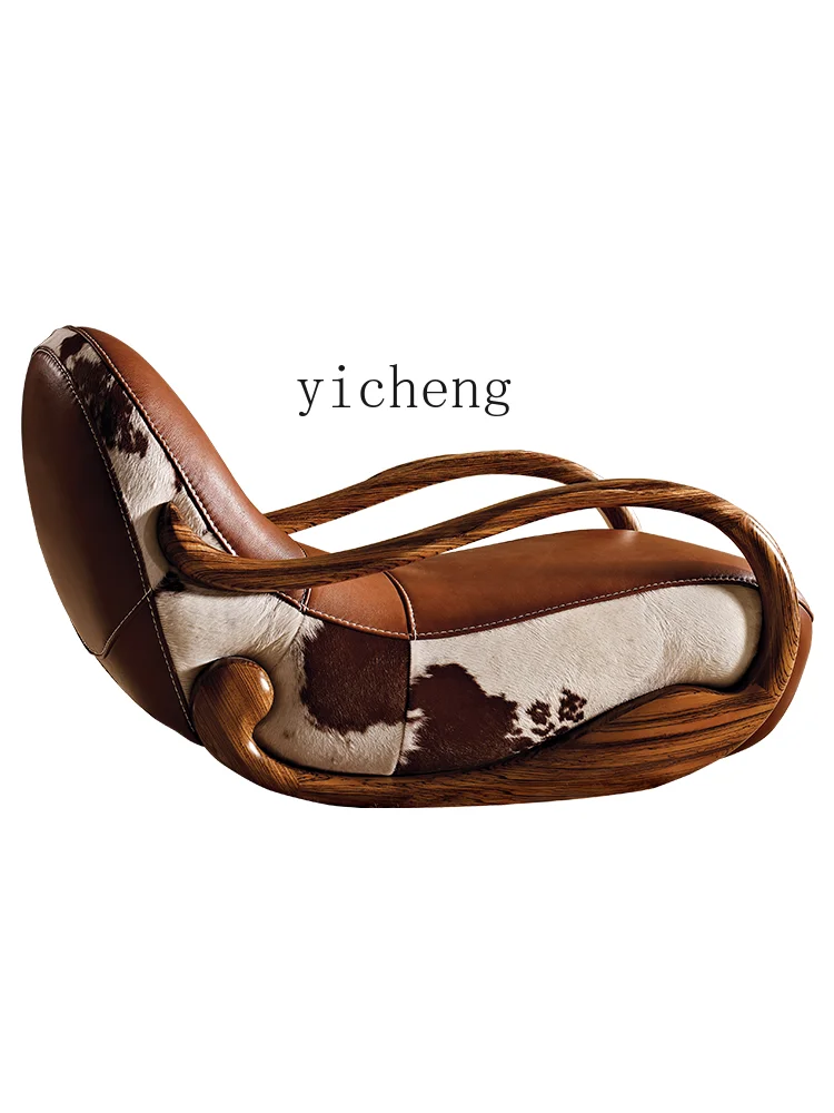 Yy New Chinese Style Ugyen Wood Leather Wooden Lounge Chair American Light Luxury Single Sofa