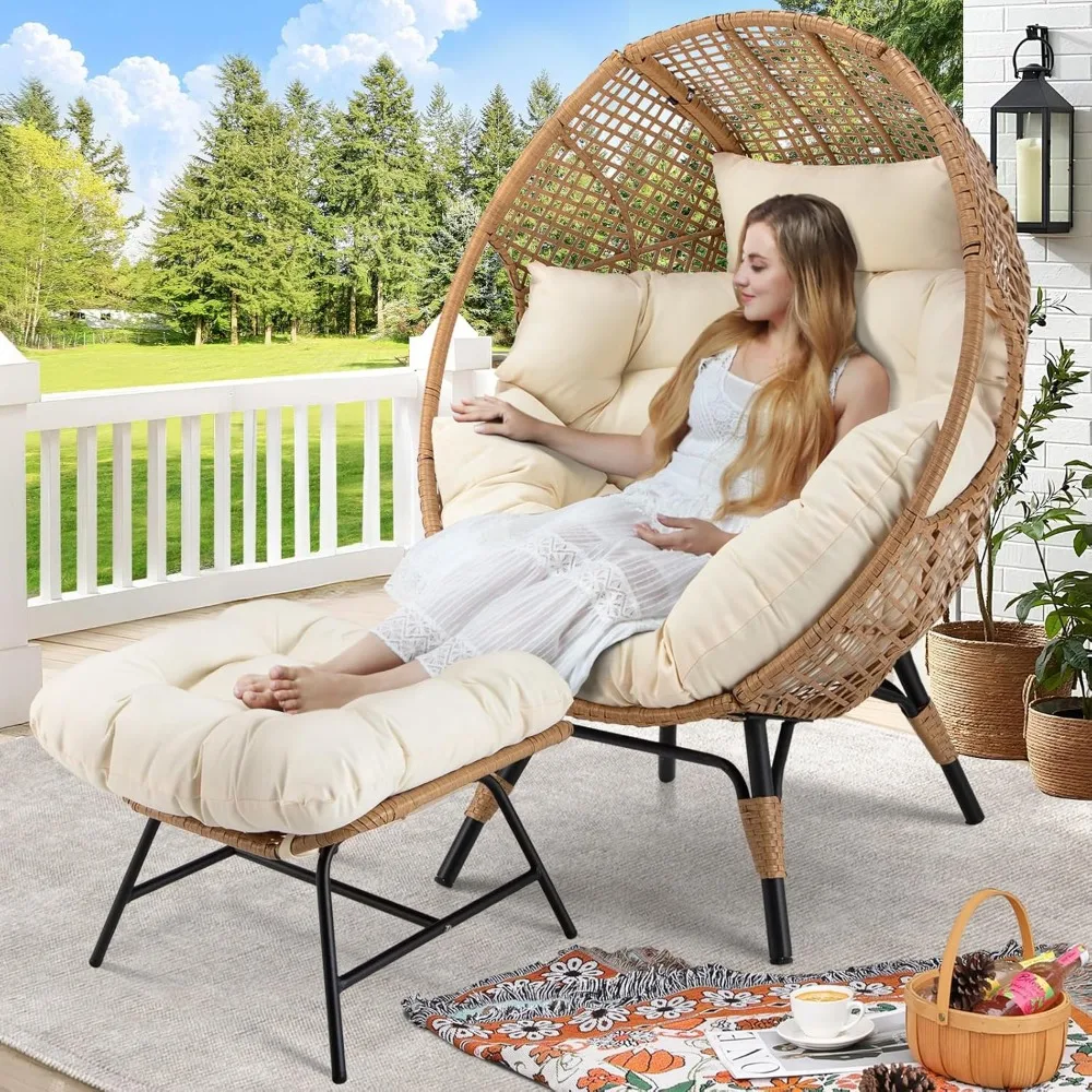 

Egg Chair with Footrest, Wicker Patio Lounger with Ottoman, Oversized Rattan Egg Shaped Chair with Leg for Indoor Outdoor Patio