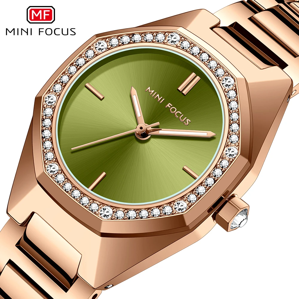 MINI FOCUS Simple Analog Quartz Watch Women Rose Gold Stainless Steel Strap Dress Wristwatch with Octagon Case Green Dial 0433