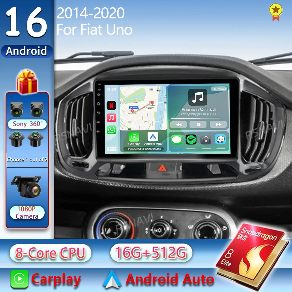 Radio Multimedia para Auto Android 16 para Fiat Uno 2014-2020, Reproductor de Video 2K QLED, GPS, Voz AI, CarPlay, 4G, Estéreo