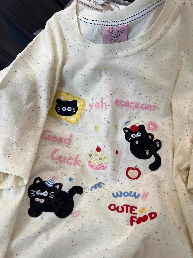 

Ретро-стиль, милая вышивка, футболка-поло, женская, уникальная, из чистого хлопка, летний топ, модный, повседневный, свободный крой, круглый вырез