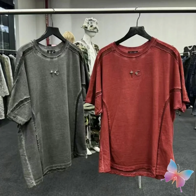 

Retro Heavy Duty Splicing Mesh Embroidered Star Moon Logo Thug Club T-shirt Cotton Round Neck Short Sleeve Men Women Tops