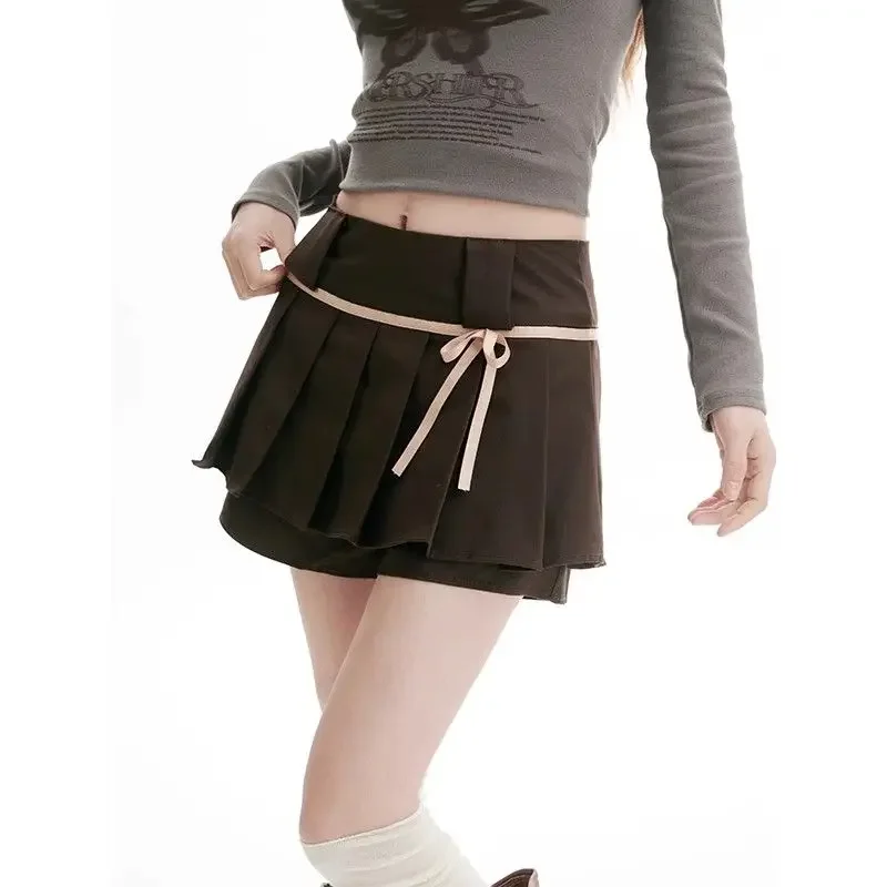 HOUZHOU Sweet Kawaii Bow Pleated Skirts Women Sexy Coquette Brown Skirt Shorts Vintage Y2k A-line Solid Mini Skirts Aesthetics