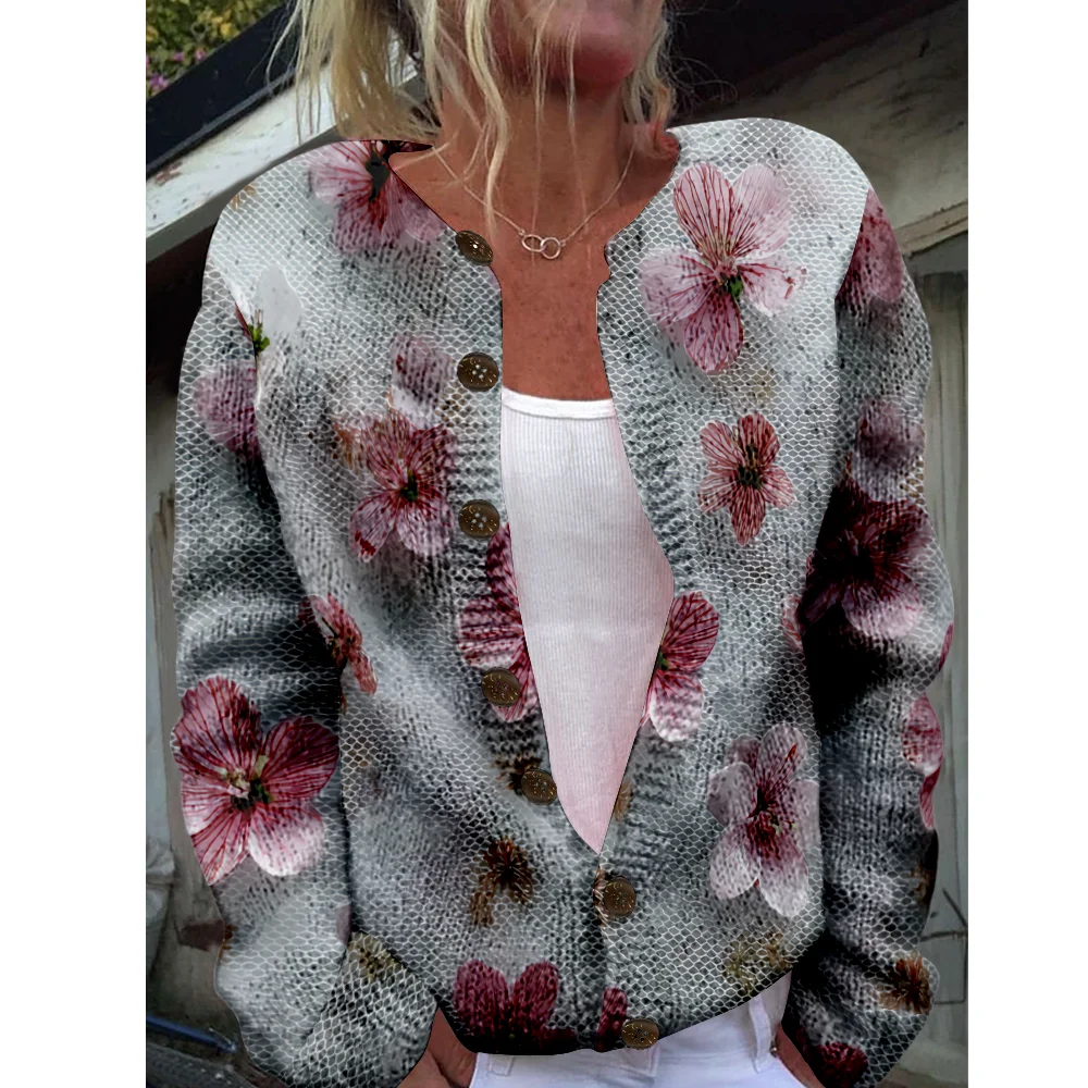 

Осень-зима вязаный милый кардиган с цветочным принтом, свитер, уличная одежда, женские свитера, вязаный топ, повседневные крутые джемперы, модные