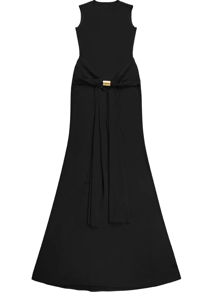 Kricessen sexy zwarte mouwloze maxi-jurk voor dames, gouden gesp, ruches, uitgesneden rug, zeemeermin, formele avondjurk