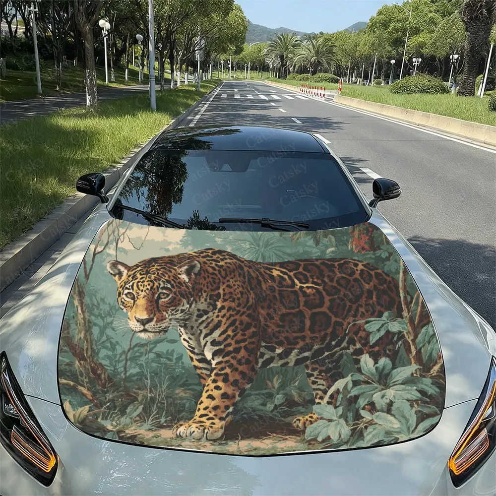 Cheetah In The Forest Car Vinyl Wrap - Splash-Resistant Engine Hood Decal Sticker, Easy Removal Durable Personalized Car Accesso