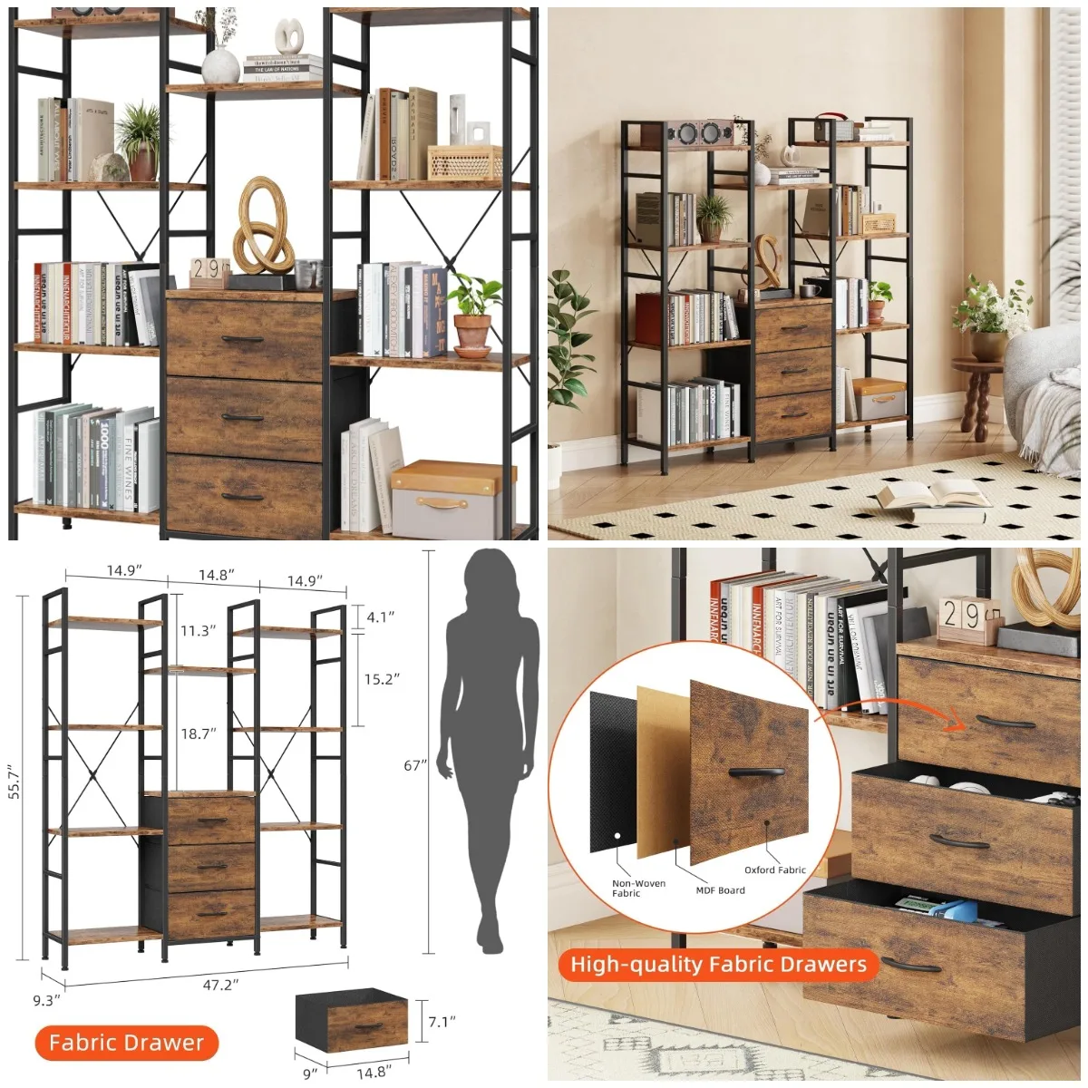 

Triple Bookshelf with 3 Fabric Drawers, 4-Tier, 10 Display Shelves, Rustic Brown, 47'' Wide