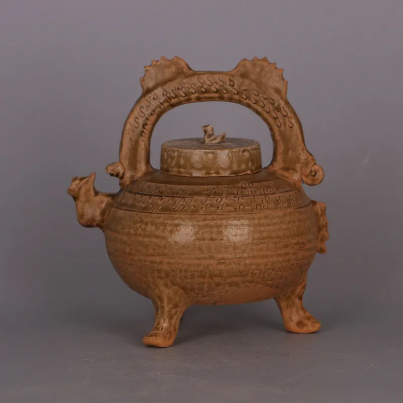 Mise Celadon Glaze Carved Dragon Handle Pot Tang Dynasty Style Home Decor Ornament