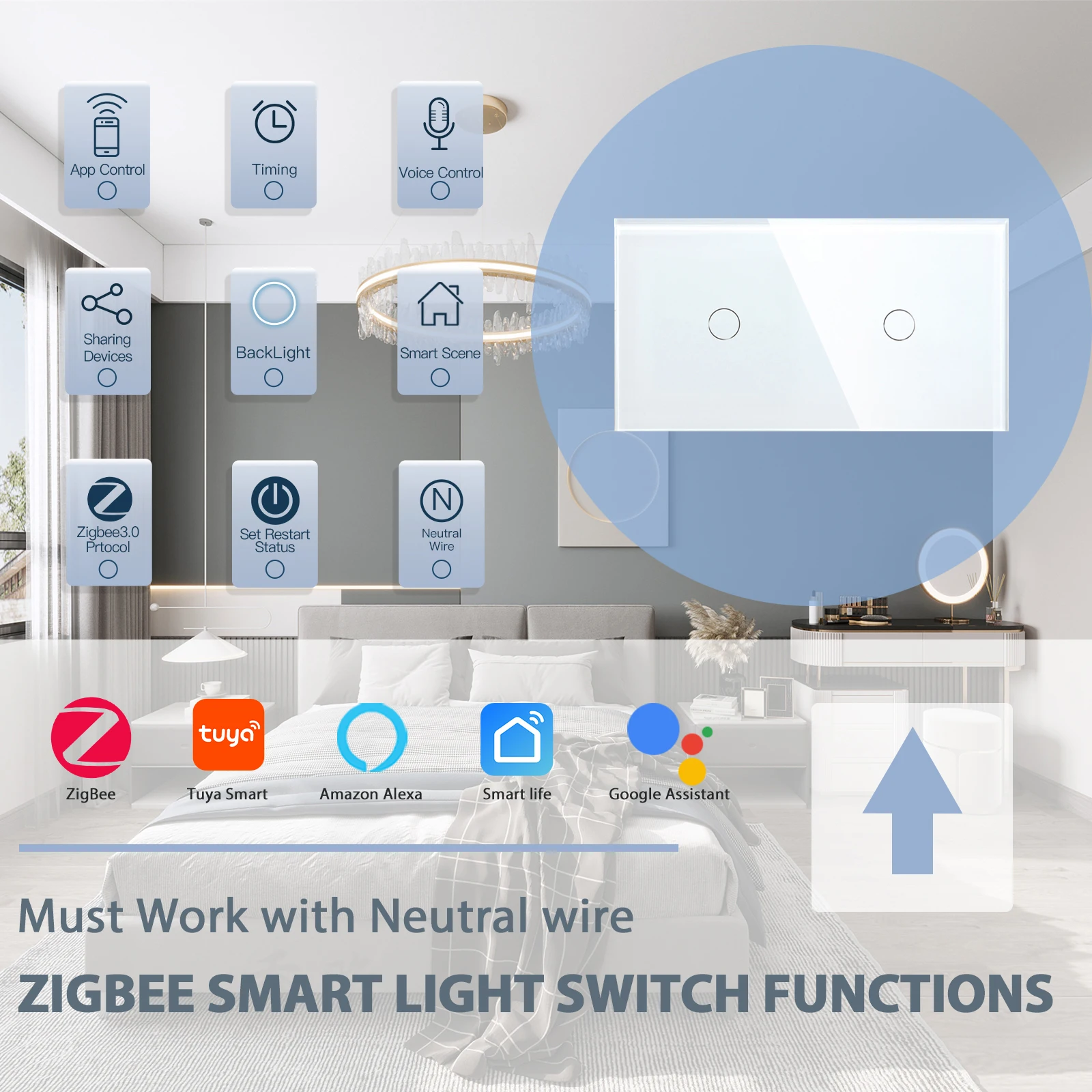 BSEED Zigbee Smart Switch Double 1/2/3Gang 1/2/3Way Wireless Light Switch Support Tuya Google Home App Alexa Voice Control