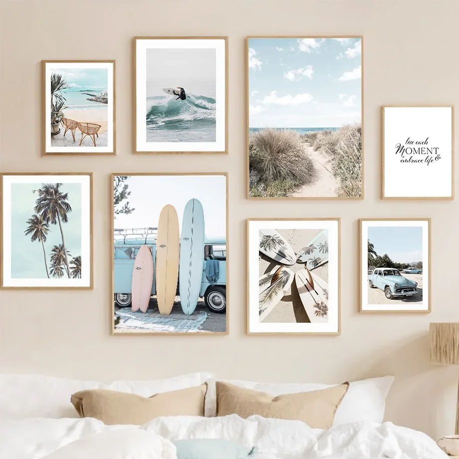 Beach Surfers Coconut Tree Car Wall Art Canvas Painting Nordic Surf Posters And Prints Wall Pictures For Living Room Home Decor