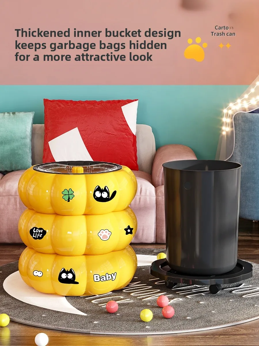 

Cute Cartoon Tra Can Pr to Open Cover with Wheels Large Capaci Pumpkin ape for Living Room Bedroom Home Cleaning Tool