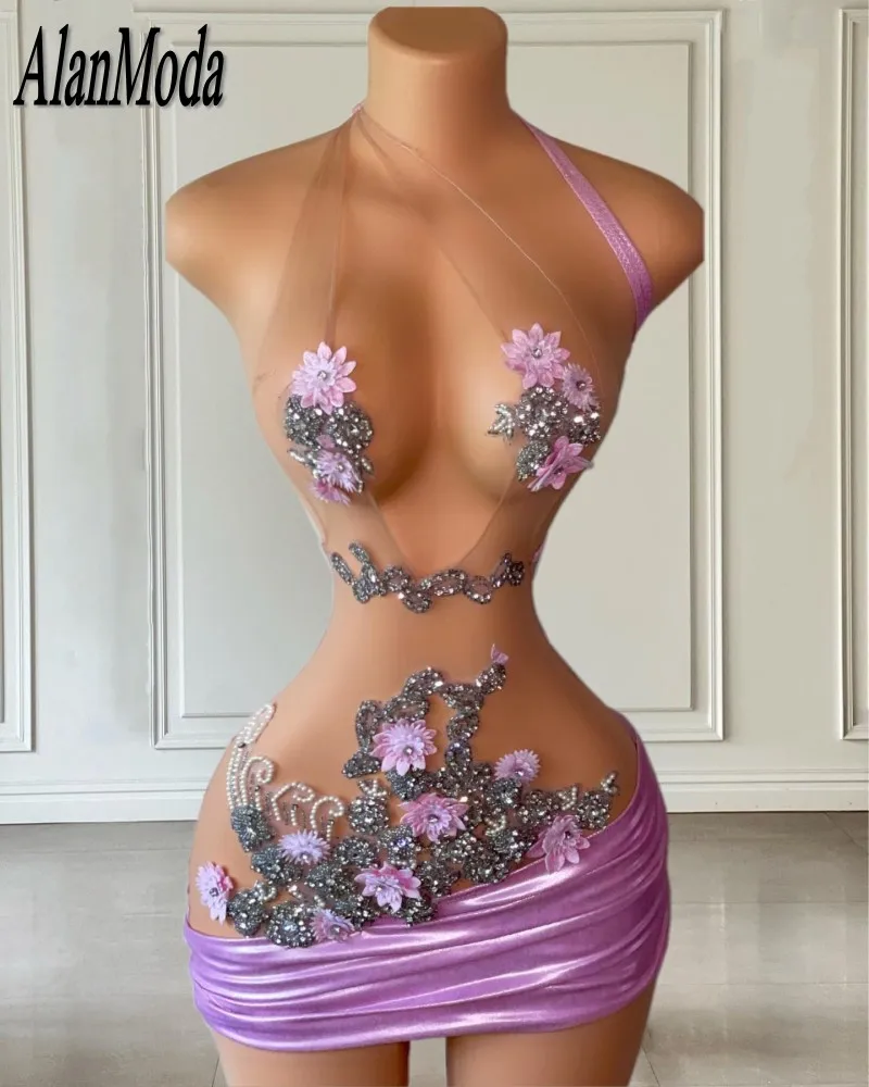 Hellviolettes florales Ballkleid für Frau 2023 transparenter Hals Perlen schwarze Mädchen Party kleider angepasst Geburtstags kleid Vestidos de Gala