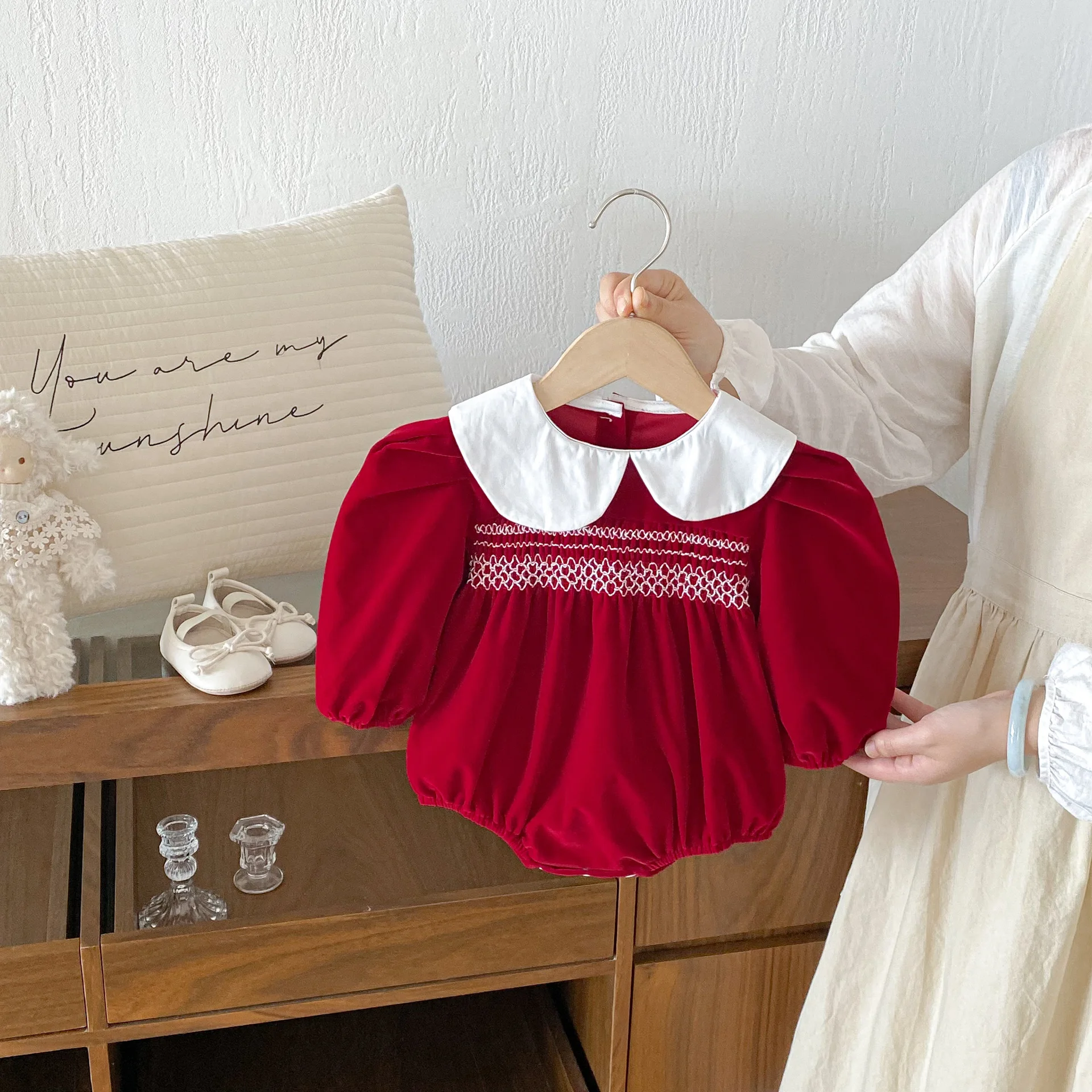 

Baby Clothes 2025 Spring Autumn Baby Girls Red Bodysuits Cute Peter Pan Collar Infant Girl Long Sleeve One Piece Clothes