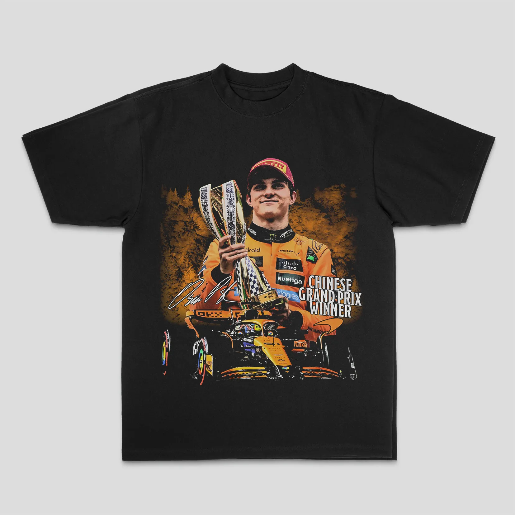 Vintage Lando Norris F1 Racer Collage Portrait Graphic Cotton Unisex Motorsport Fan Tee Shirt