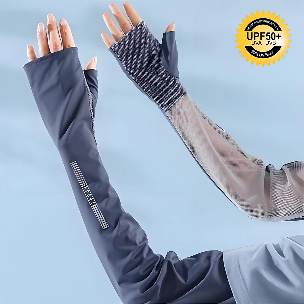 Fingerless UV Protection Arm Sleeves Driving Cycling Women Summer Mesh Breathable Arm Cover Travel Ice Silk Cooling Sun Sleeves
