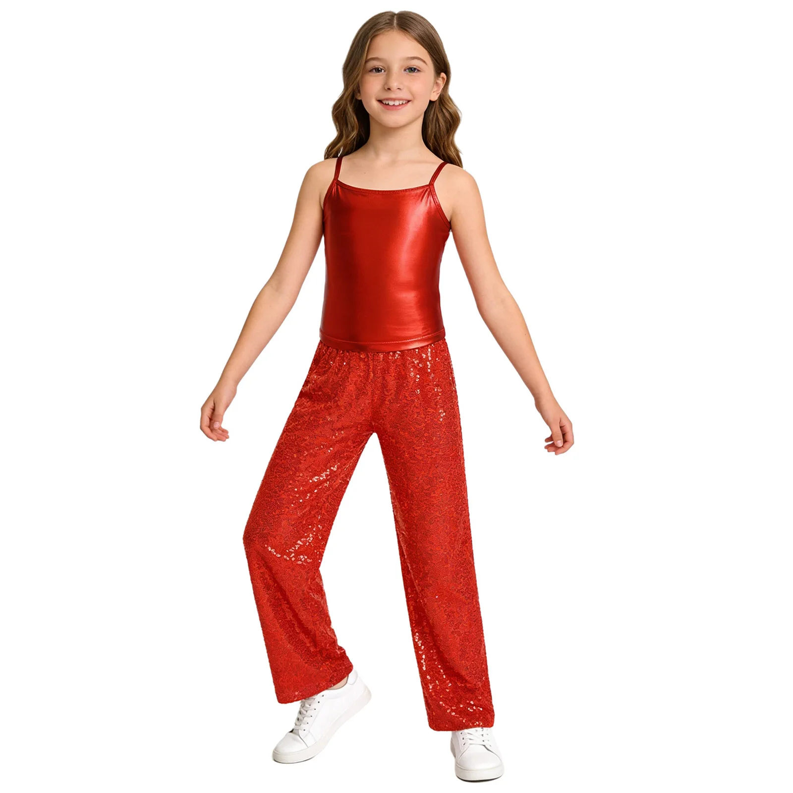 Kids Girls Shiny Street Modern Dance Performance Outfit Metallic Camisole with Sparkly Sequin Pants Jazz Cheerleader Set Costume
