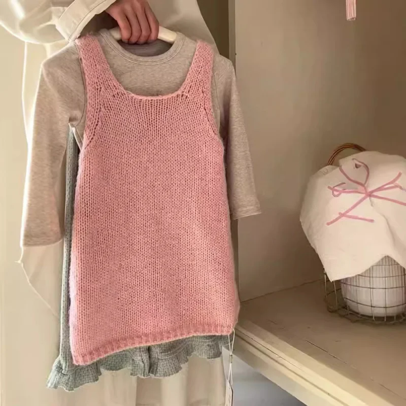 

Girls Autumn Sweet Suit New Children's Long Sweater Vest SkirtTShirt Lace Wide-Leg Pants