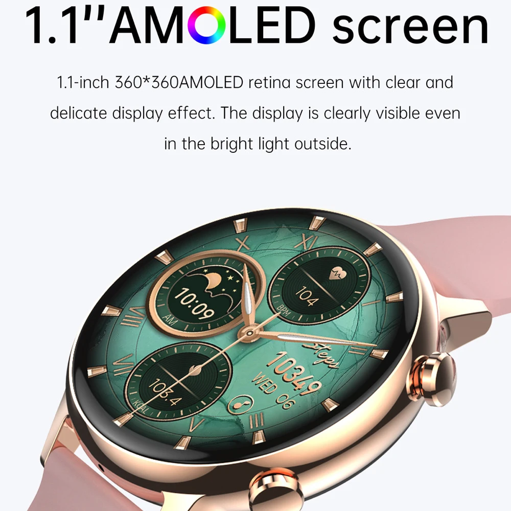 Smart Watch AMOLED Screen Blue Tooth Call NFC Heartrate Blood Pressure Oxygen Waterproof Voice Assistant Sports Women Smartwatch