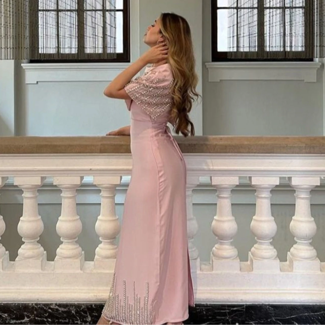 Customized Ankle Length Prom Dresses Beading Wraps Zipper Lace Up Back Slit Sexy Party Evening Gowns Saudi Arabia Women Wear