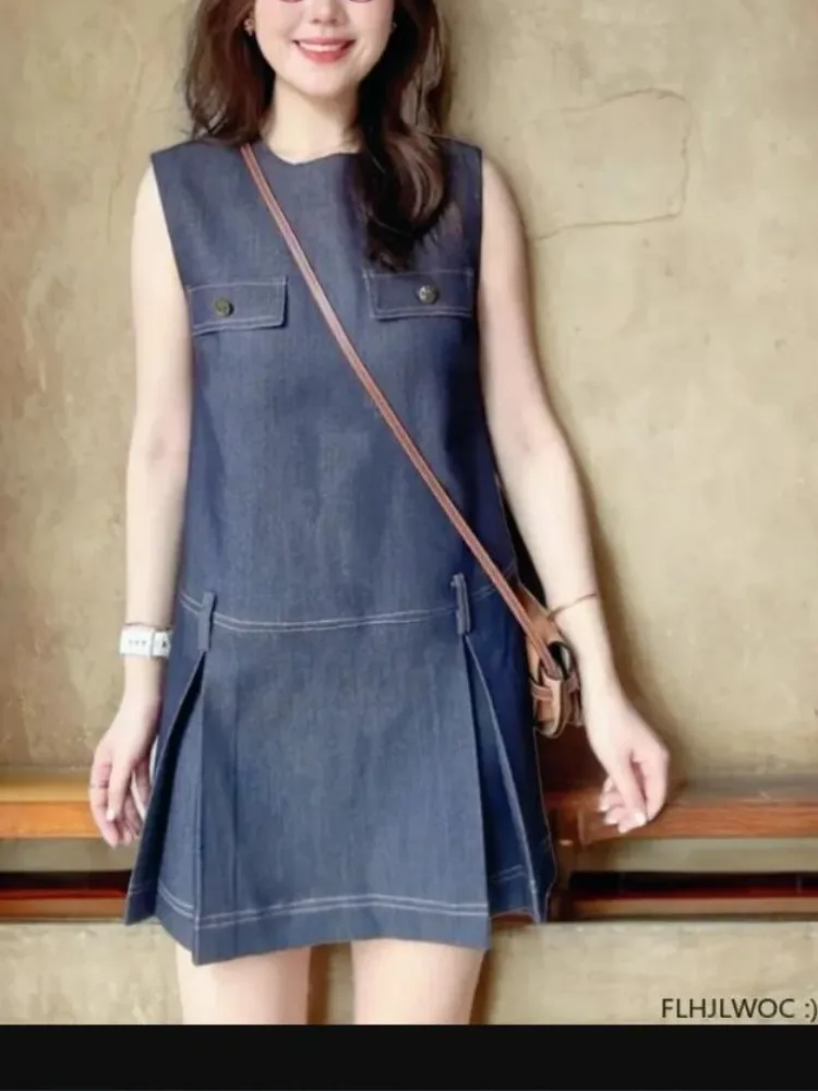 Abiti da camicia senza maniche nuovo Design donna ufficio Lady Girls All-Match Solid Ruffles Mini Blue Jeans Denim Dress