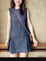 Sleeveless Shirt Dresses New Design Women Office Lady Girls All-Match Solid Ruffles Mini Blue Jeans Denim Dress