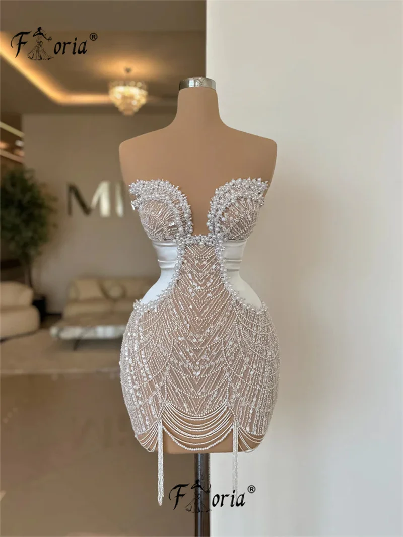 Vestido de cóctel corto de encaje con cuentas blancas, vestido de fiesta sin mangas con borlas de perlas para ocasiones especiales, Vestidos de gala para Homecoming y graduación